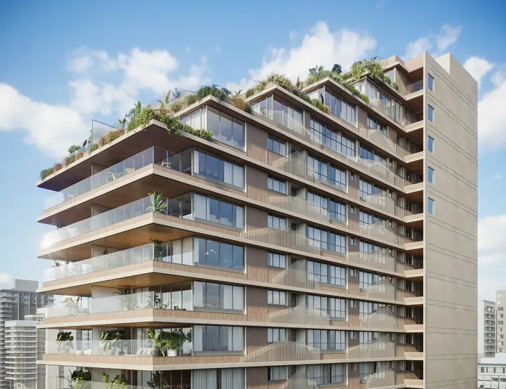 Penthouses do Ipanema Almar com terraços ajardinados escalonados nos pavimentos superiores