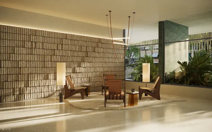 Lobby de pé-direito imponente do Ipanema Almar com interiores de Patricia Martinez Arquitetura