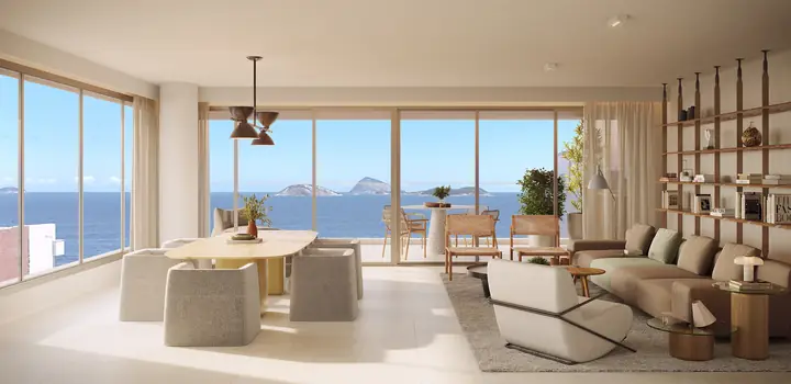 Living do apartamento de 3 suítes do Ipanema Almar com janelas do piso ao teto e vista para o mar de Ipanema