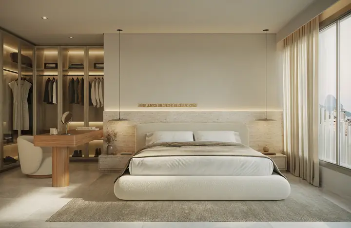 Suíte master do apartamento de 4 suítes do Ipanema Almar, com marcenaria em madeira e luz natural